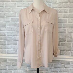 Investments Ivory Chiffon Button Up Blouse NEW Med Long Sleeve Career Dress